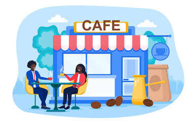 Abstract concept of cafeteria or coffee shop. Young happy man and woman sitting on the summer veranda of a cafe and drinking coffee. Flat cartoon vector illustration with fictional characters.