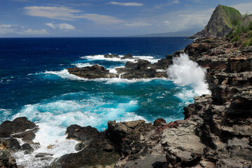 Obraz premium Crashing waves at Mokolea Point with Kahakaloa cinder cone