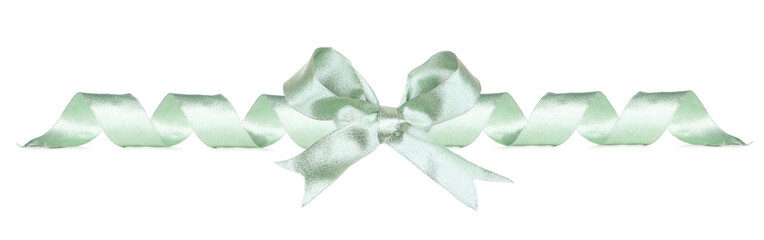 Long border of frosty green bow and curled ribbon isolated on a white background
