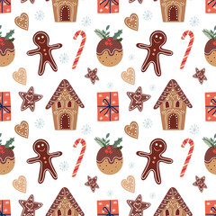 Christmas seamless pattern with gingerbread and Christmas traditional cookies, seasonal winter design
