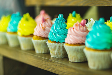 Tasty sweet tartlets with cream. Tasty sweet tartlets with colorful cream. Cupcake in pastry basket with delicate colored cream.