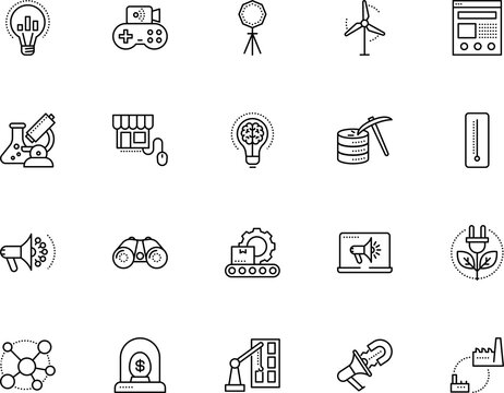 technology vector icon set such as: generating, spy, streaming, geometric, fluid, architecture, connection, plant, stand, meter, house, generate, motor, dna, crane, play, manager, season, tower