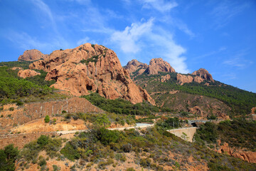 Fototapeta na wymiar Esterel Massif located between Saint-Raphael and Mandelieu in the Var and Alpes-Maritimes department, in the Provence-Alpes-Cote d'Azur region, France