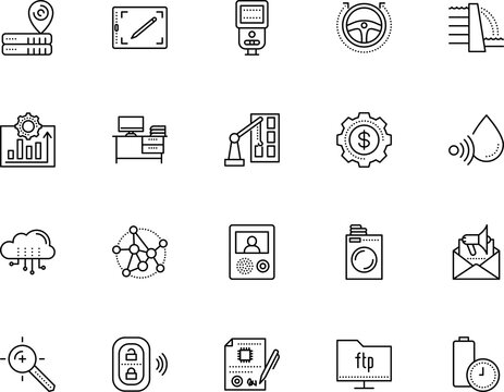 technology vector icon set such as: drafting, map, video, auto, hydroelectric, electrical, build, generator, target, creative, soap, room, bullhorn, pad, cloth, plug, washer, self, newsletter