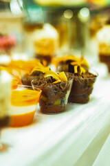 A variety of colored desserts in a glass. Colorful jelly dessert in a glass. Multicolored cream dessert in a glass.