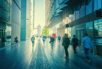 business people, modern buildings and Tower Bridge, London, UK