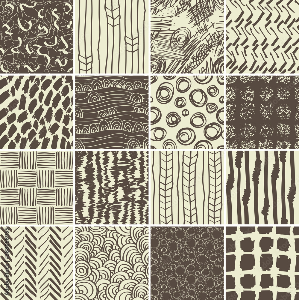 Poster set of 16 doodle seamless patterns and textures. Vector
