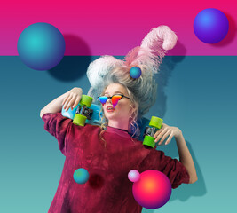 Flying balls. Portrait of caucasian woman in bright colors. Trendy neon lighted background with copyspace for ad. Modern design. Contemporary art collage. Inspiration, mood, creativity concept.