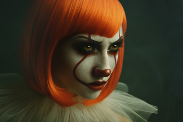 Portrait of young female with clown make-up. Halloween style. Pennywise faceart.