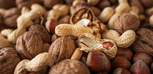 Background with mixed nuts
Mixed nuts. Healthy snack with walnuts, peanuts, hazelnuts. Horizontal background with short depth of field for a nutrion concept. Space for your text