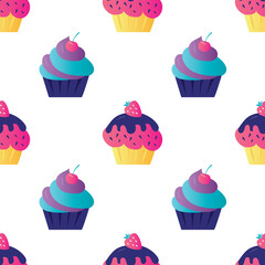 Seamless pattern with various cupcakes. Various sweets on white background. Confectionery with decorated berries and sprinkles