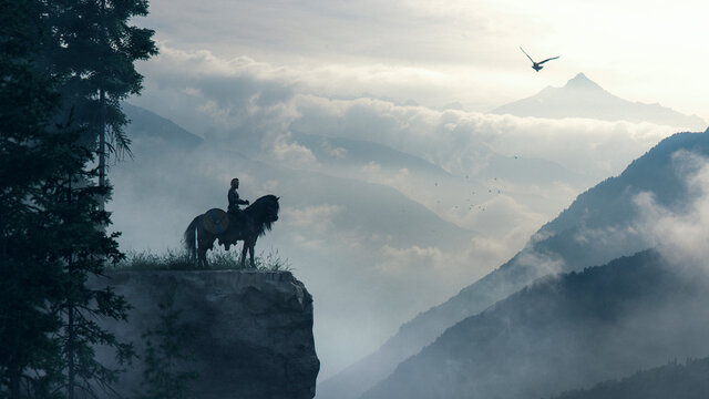 Viking knight on a cliff over cloudly mountains with raven - concept art - 3D rendering 