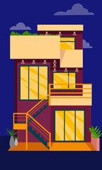 Modern house at night. House exterior design. Vector illustration