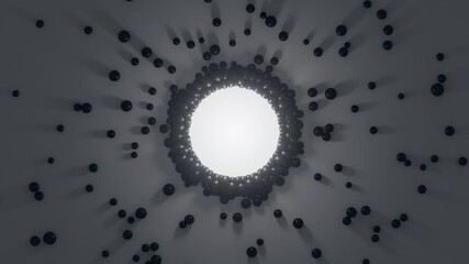 Gathering of black spheres to the center light animation. Attraction of objects with long shadows. 3D abstract concept of collaboration. Magnetic attraction of objects to central formation render.