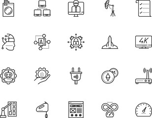 technology vector icon set such as: construction, energy, live, news, electrical, tv, crane, tower, protection, web design, lamp, user, television, bot, head, charge, connectivity, bright, phone