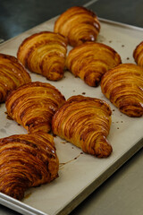 Close-up picture of french delicious croissants on the shelves in bakery. Making of process