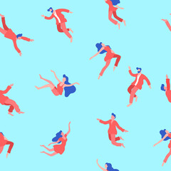 People flying in dreams seamless pattern. Male and female characters in red robes hovering happily against blue background creative movement and jumping happy fantasy vector freedom.