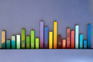 Colorful chart lines in real world made of rainbow colored plastic bricks.