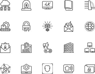 technology vector icon set such as: center, point, crypto, literature, compliance, film, games, folder, landscape, post, postage, manage, brain, inspiration, 4k, optimization, link, live, key, hydro