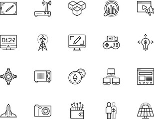 technology vector icon set such as: application, platform, gene, crystal, nature, blueprint, construction, management, kitchen, watch, perspective, front, gadgets, streaming, countdown, flash