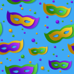 Seamless pattern with green, yellow, violet paper mask and balls on blue backgound. Vector illustration. Mardi Gras elements for banner, holiday, party.