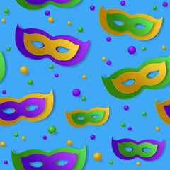 Fototapeta premium Seamless pattern with green, yellow, violet paper mask and balls on blue backgound. Vector illustration. Mardi Gras elements for banner, holiday, party.