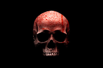 Front view of human skull in blood isolated on black background with clipping path. - obrazy, fototapety, plakaty