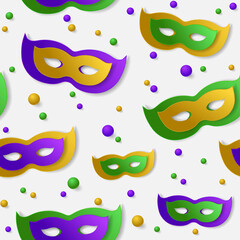 Seamless pattern with green, yellow, violet paper mask and balls on white backgound. Vector illustration. Mardi Gras elements for banner, holiday, party.