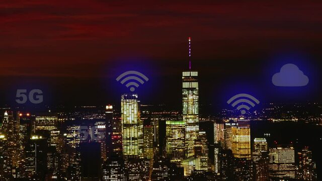 New York City Skyline,Futuristic City connected through 5G - Wireless Network, Cloud Computing,Mobile Technology.Concept
