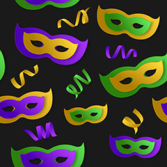 Seamless pattern with green, yellow, violet paper mask and serpentine, ribbon on black backgound. Vector illustration. Mardi Gras elements for banner, holiday, party.