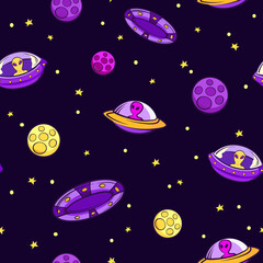 Ufo seamless pattern. Purple aliens on yellow flying saucers pink asteroids rushing through star paths space life among galaxies and constellations colorful cartoon vector universe.