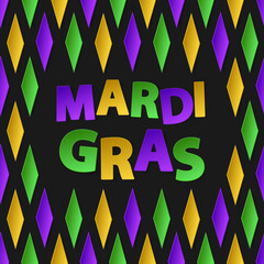 Traditional Mardi Gras seamless pattern with gold, green, yellow and violet paper rhombus with colorfull paper lettering on black background. Vector illustration. 