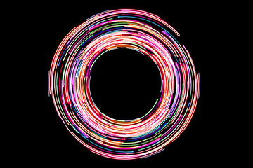 Neon circle lines. Empty copy space inside. Colorful led lights. Long exposure rotation photo. Round light shape isolated on black. Shiny glittering ring.