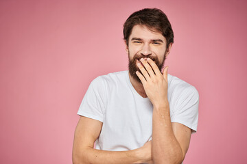 cute bearded men white t-shirt studio pink isolated background