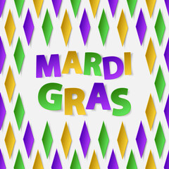 Fototapeta na wymiar Traditional Mardi Gras seamless pattern with gold, green, yellow and violet paper rhombus with colorfull paper lettering on white background. Vector illustration. 