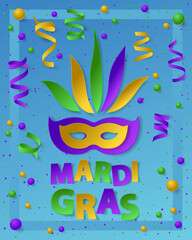 Poster with green, yellow and violet dust, confetti, balls and serpentine, ribbon. Vector illustration. Paper mask and lettering Mardi Gras on blue backgound. Elements for banner, holiday, party.