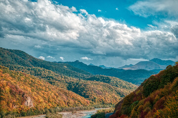 Fototapeta na wymiar Nice view on mountain river and clouds
