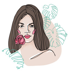 girl and tropical flowers. One line drawing. Large monstera leaves. - 388064556
