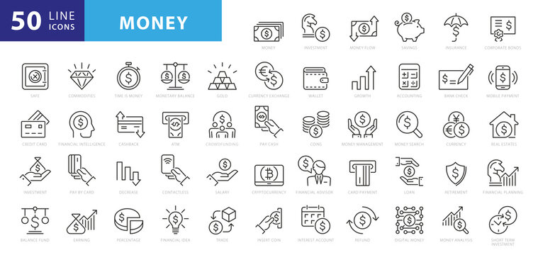 Money Line Icons. Set Of Banking, Wallet And Coins Icons. Credit Card, Currency Exchange And Cashback Money Service. Euro And Dollar, Cash Wallet, Exchange. Banking Credit Card, Atm Payment. Vector