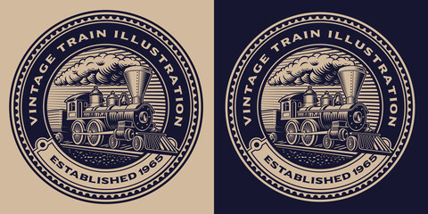 A black and white round emblem with a vintage train. This design can also be used as a shirt print or as a logotype