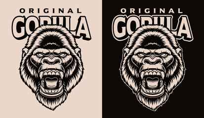 A black and white vector illustration of a gorilla head, this design can be used as a shirt print or as a logotype