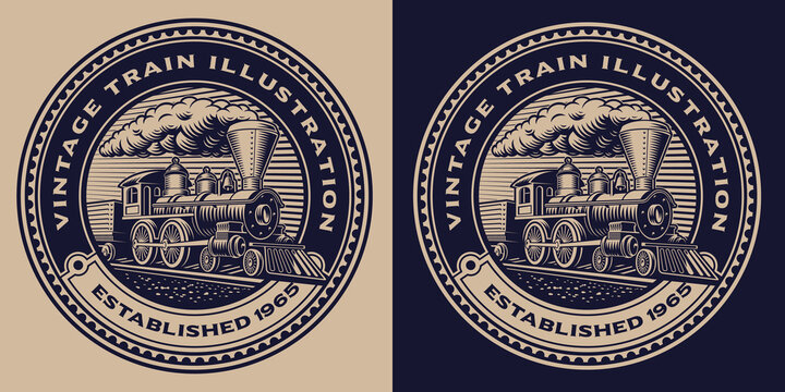 A black and white round emblem with a vintage train. This design can also be used as a shirt print or as a logotype