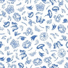 Vector classic, porcelain blue, retro, elegant floral pattern. Seamless royal design with hand drawn line art flowers, butterfly and snail on white background. Nature background. Surface pattern