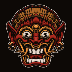 A vector illustration of a traditional Bali Mask isolated on dark background. This illustration can be used as a shirt print or as a logotype for an Asian theme