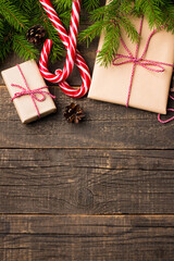 New Year and Christmas gifts under a tree. Winter holidays concept.