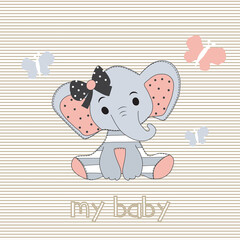 cute elephant baby with butterfly on striped background vector illustration