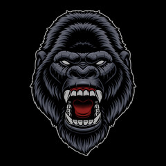 A colorful vector illustration of a gorilla head, isolated on dark background.