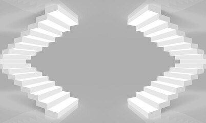3d rendering. symmetry white stairs up and down on gray room background.