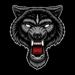 A colorful vector illustration of a wolf head, isolated on dark background.