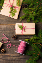 New Year and Christmas gifts under a tree. Winter holidays concept.